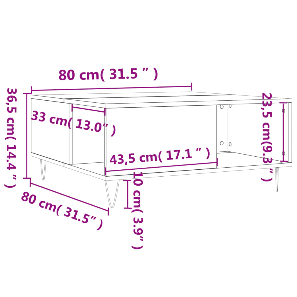 Table basse 80x80x36,5 cm en bois travaillé