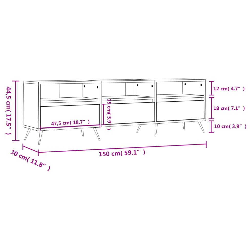 Meuble TV 150x30x44,5 cm en bois travaillé