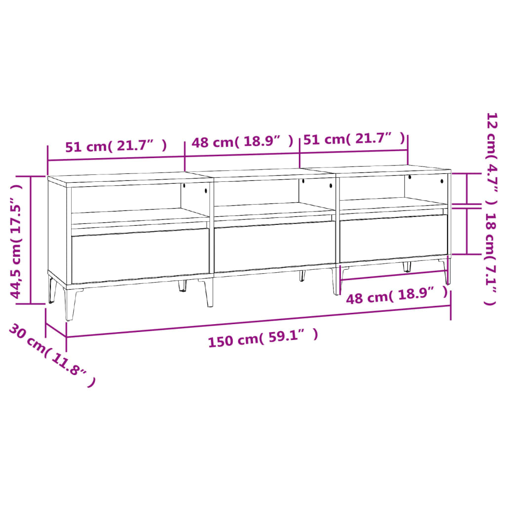 Meuble TV 150x30x44,5 cm ouvré en bois couleur chêne