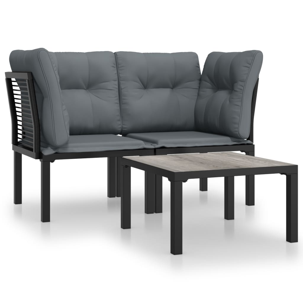 3-delige Loungeset met kussens poly rattan zwart en grijs