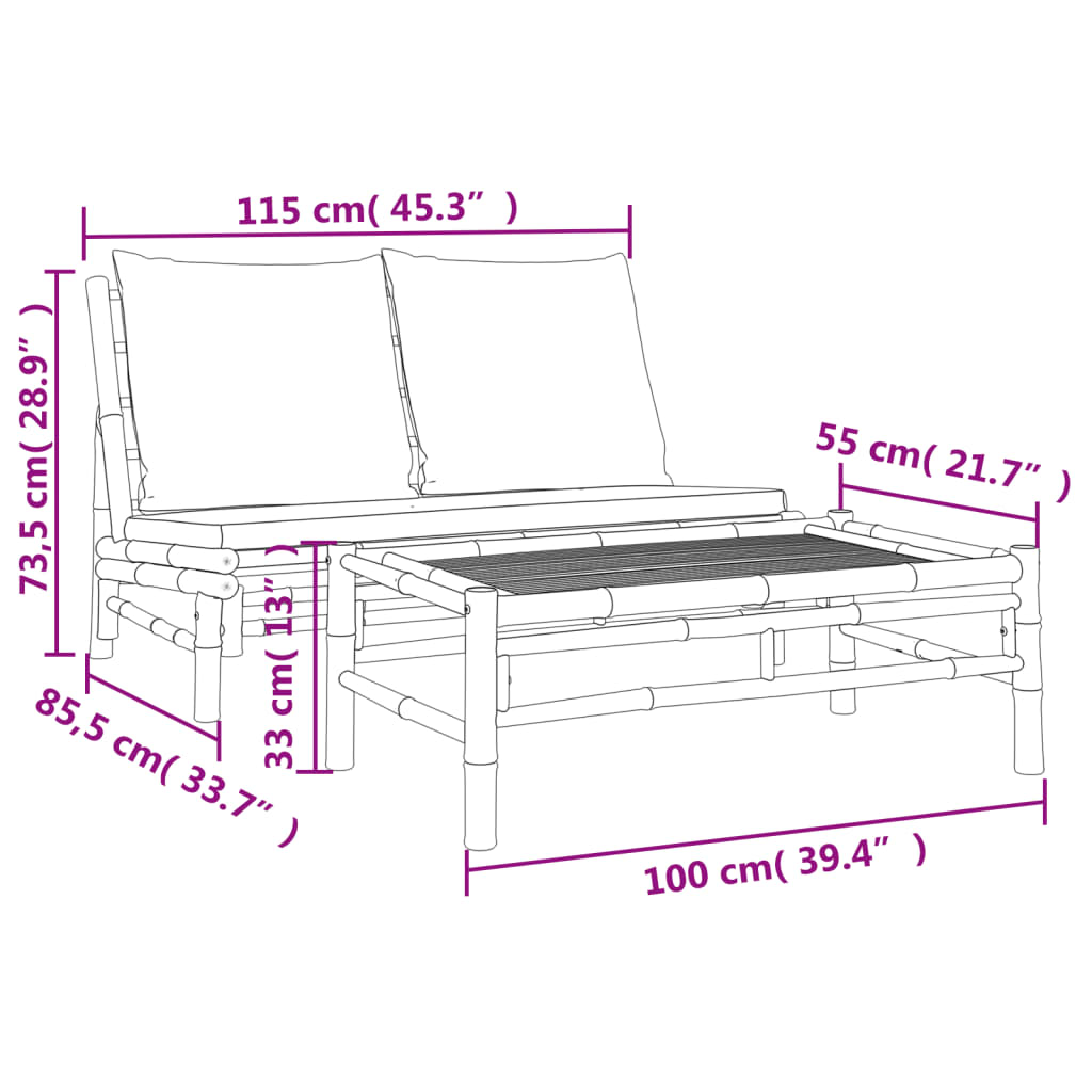 Banc de jardin avec coussins en bambou gris foncé