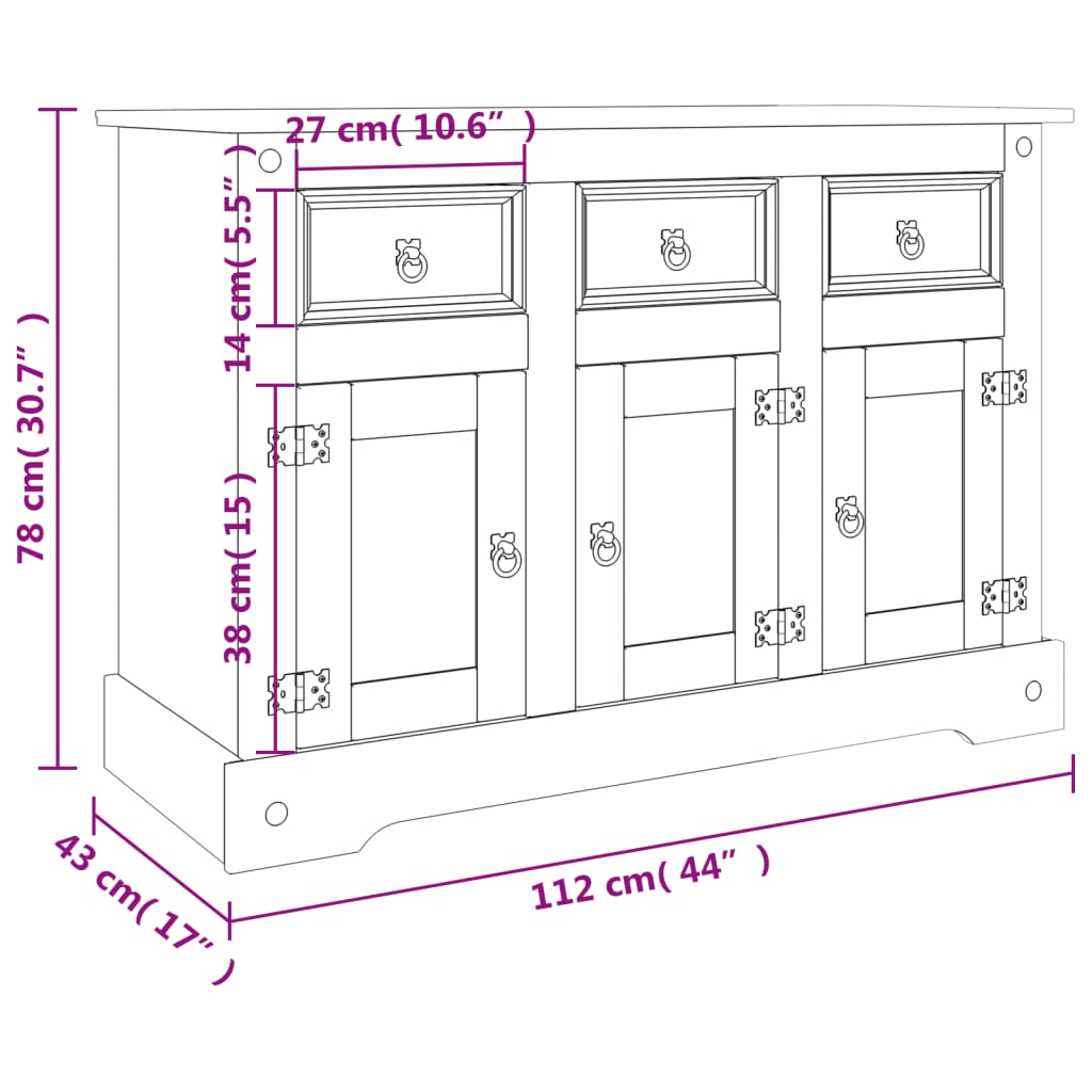 Buffet Corona 112x43x78 cm en bois de pin mexicain massif