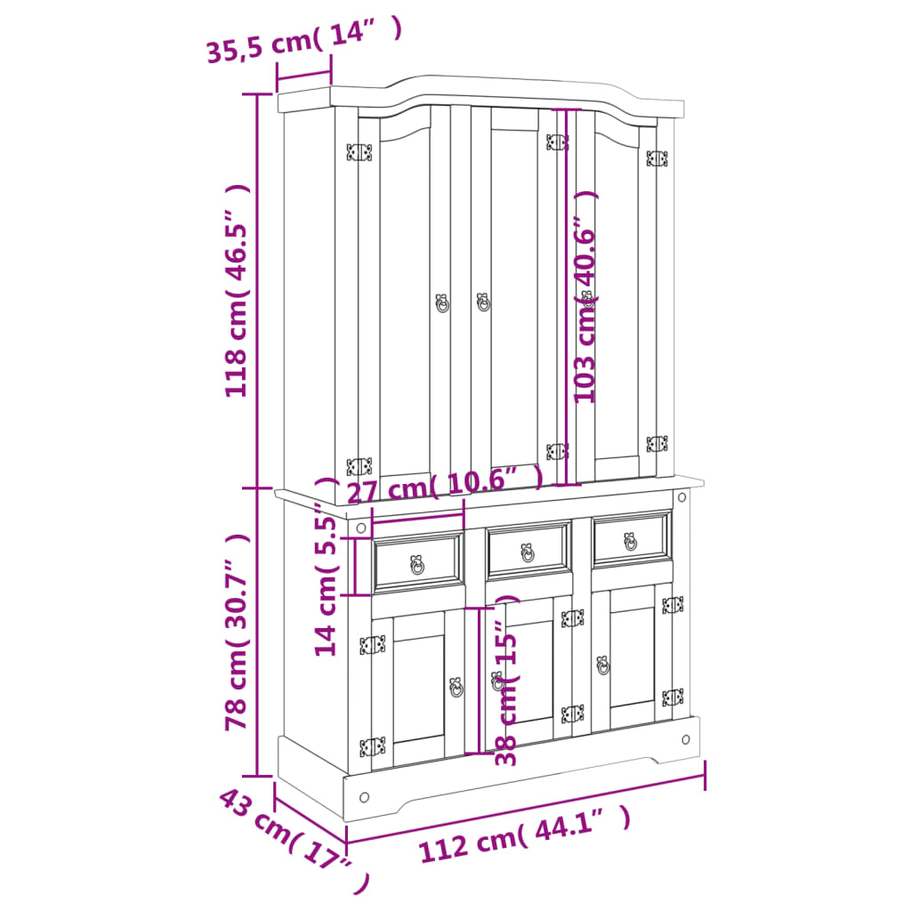 Armoire haute Corona 112x43x196 cm en bois de pin mexicain massif