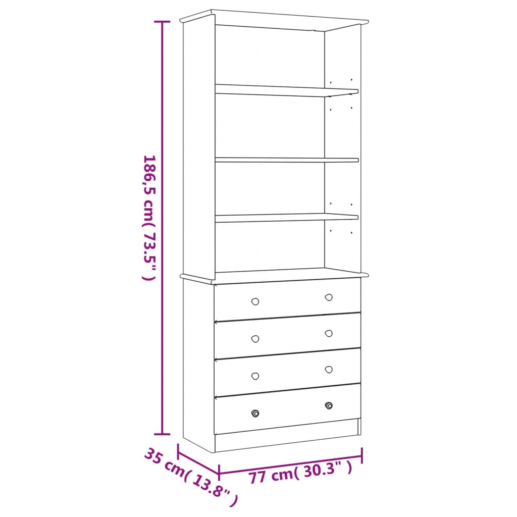 Boekenkast met lades ALTA 77x35x186,5 cm massief grenenhout