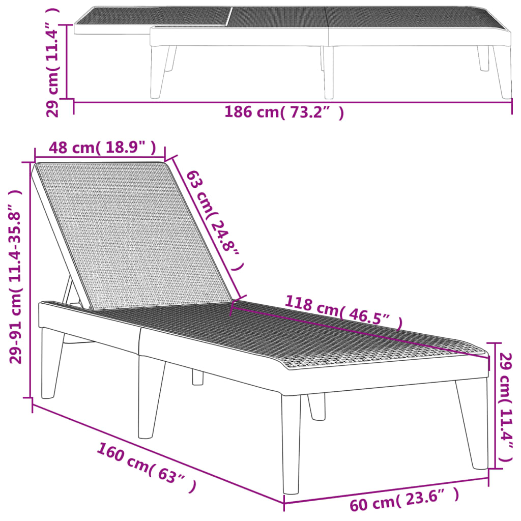 Ligbed met kussen 186x60x29 cm polypropeen antracietkleurig