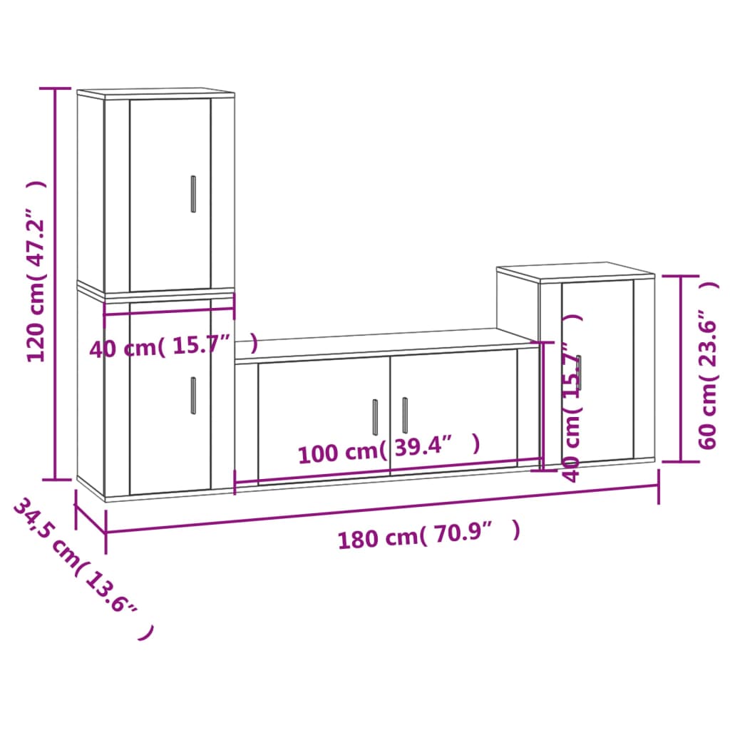 Ensemble meuble TV 4 pièces en bois fini, couleur chêne marron