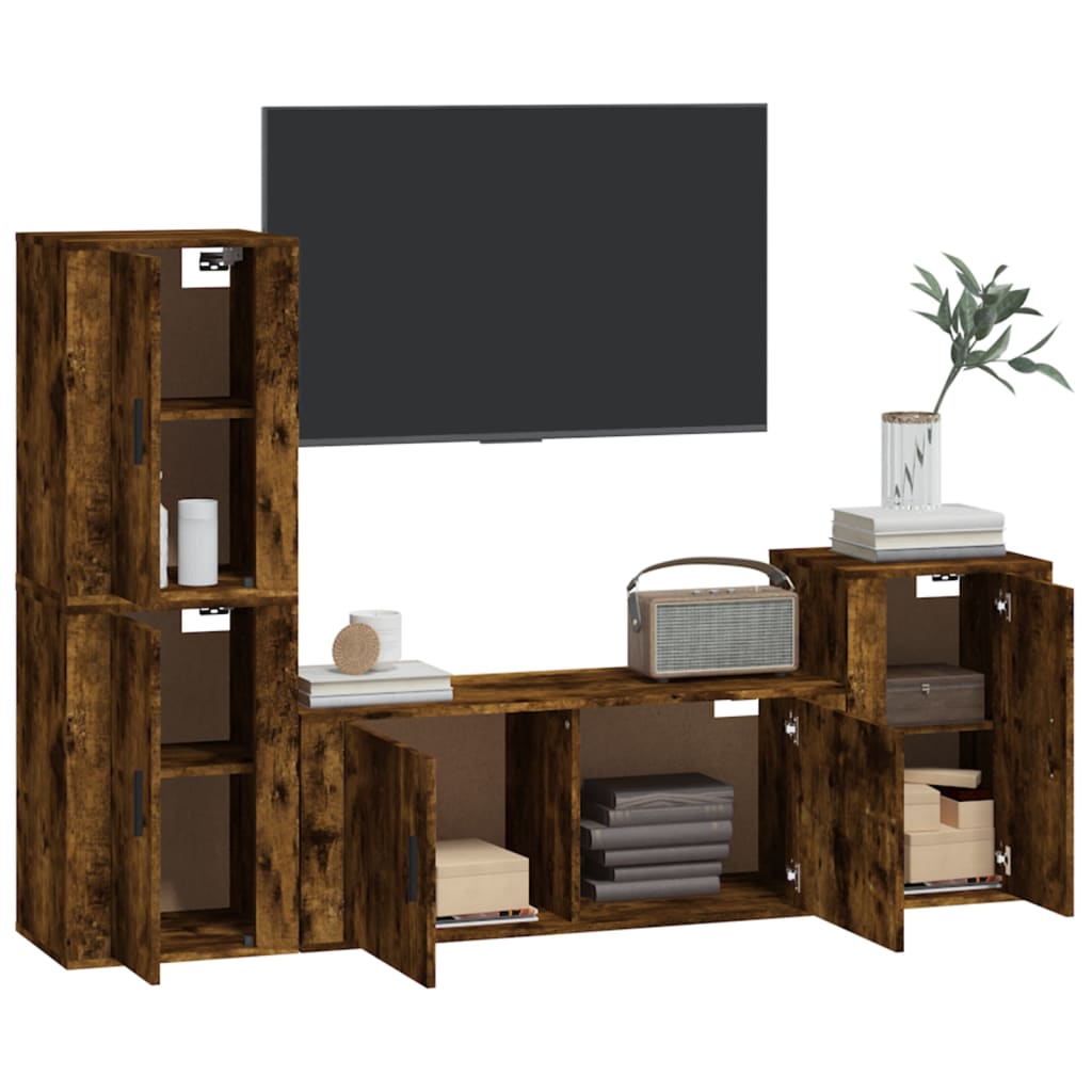 Ensemble meuble TV 4 pièces en bois fini, couleur chêne marron