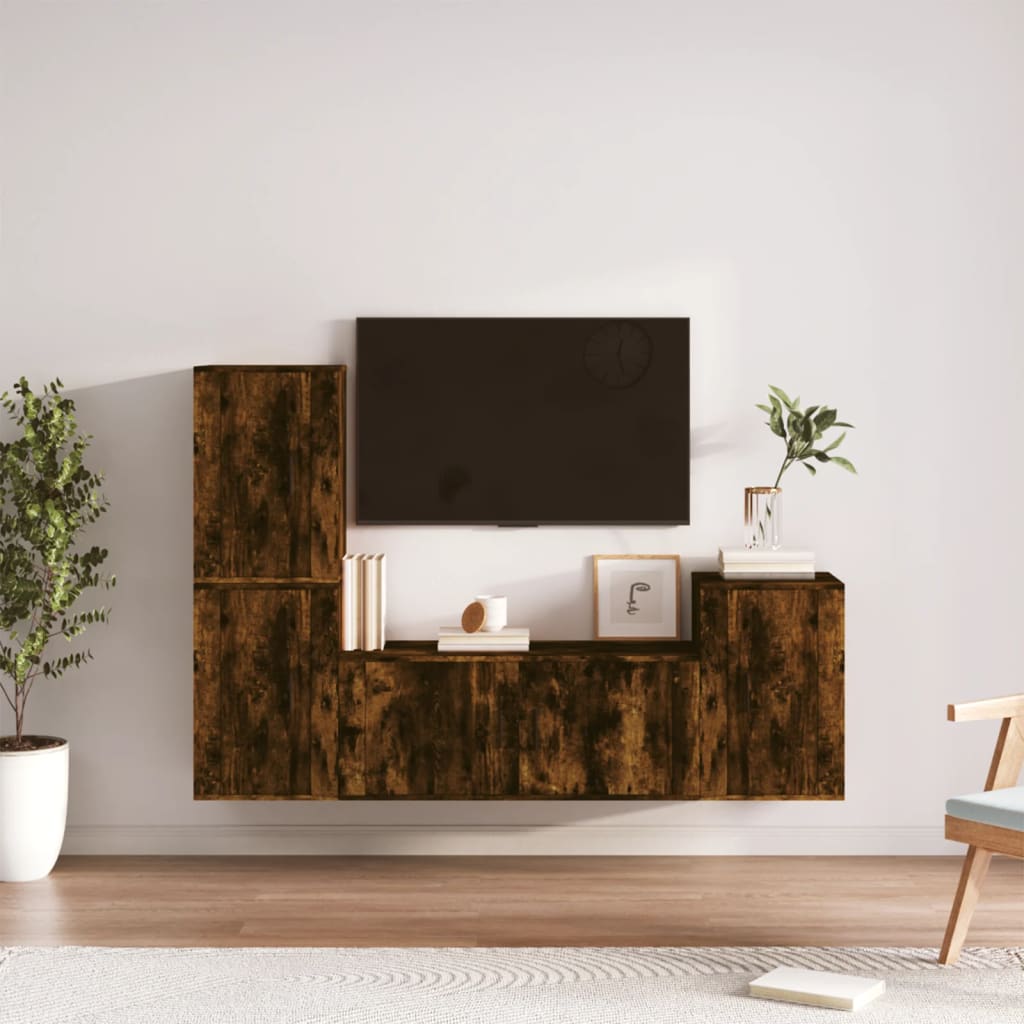 Ensemble meuble TV 4 pièces en bois fini, couleur chêne marron