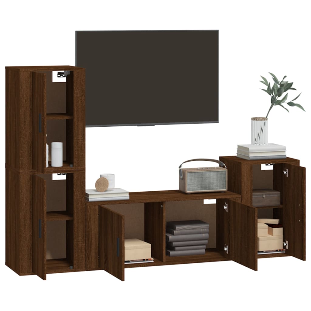 Ensemble meuble TV 4 pièces en bois fini, couleur chêne marron