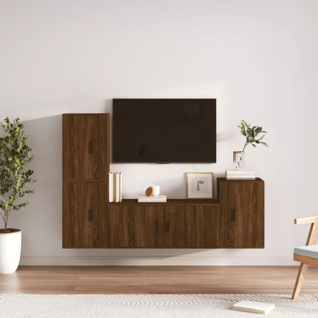 Ensemble meuble TV 4 pièces en bois fini, couleur chêne marron