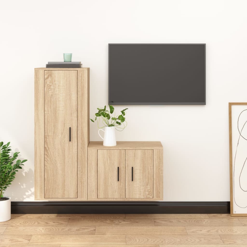 Ensemble meuble TV 2 pièces en bois fini, couleur chêne marron