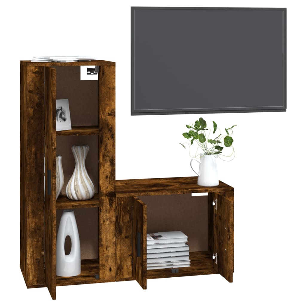 Ensemble meuble TV 2 pièces en bois fini, couleur chêne marron