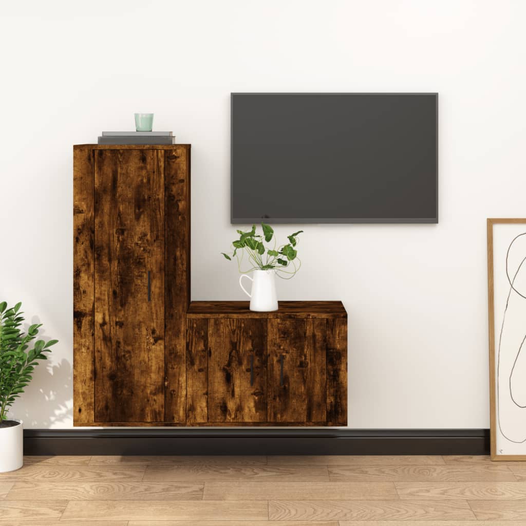 Ensemble meuble TV 2 pièces en bois fini, couleur chêne marron