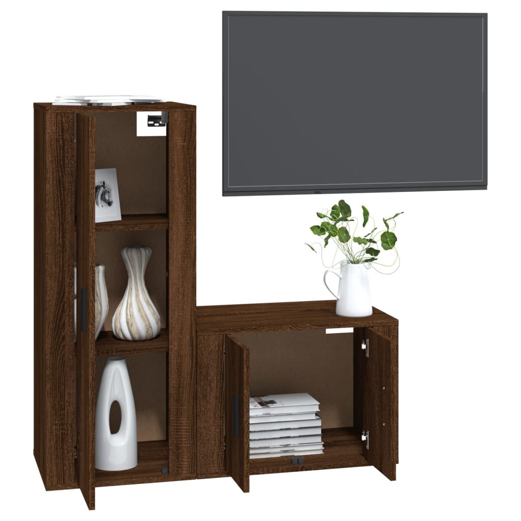 Ensemble meuble TV 2 pièces en bois fini, couleur chêne marron