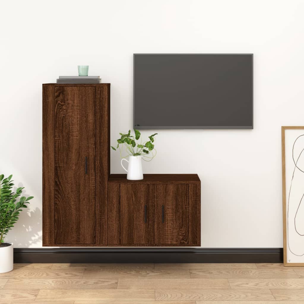 Ensemble meuble TV 2 pièces en bois fini, couleur chêne marron