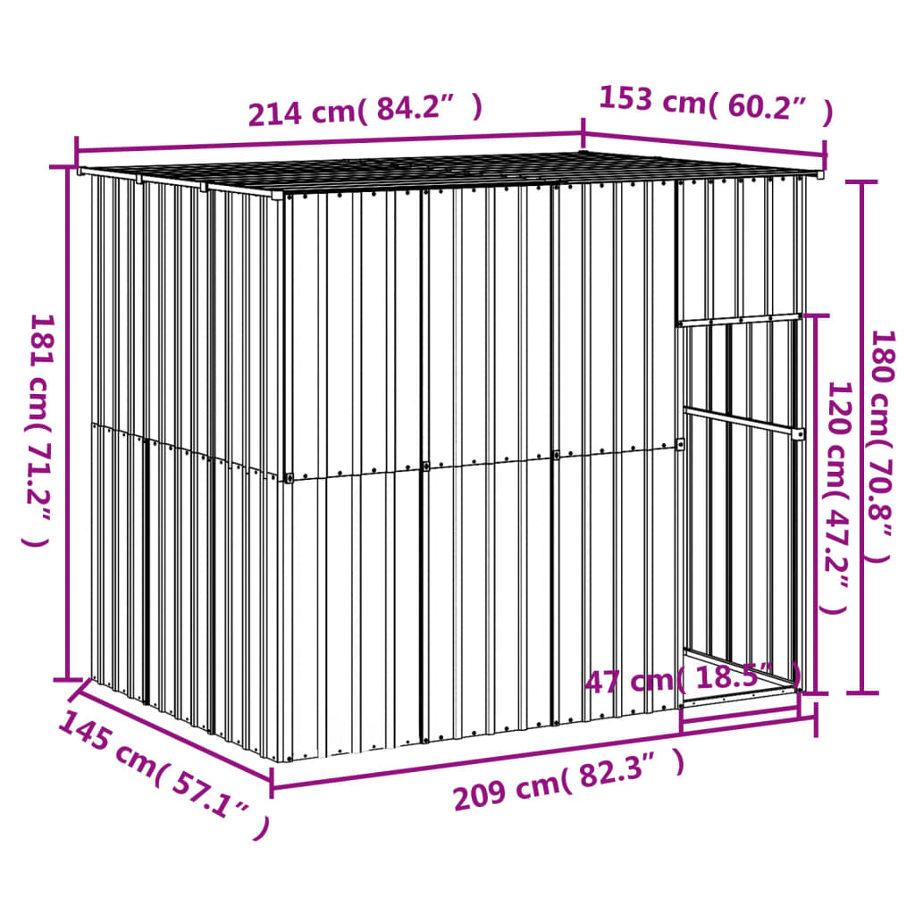 Hondenhok met ren 214x865x181 cm gegalvaniseerd staal