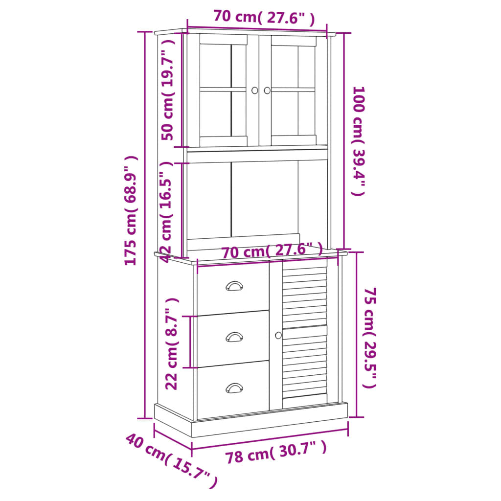 Hoge kast VIGO 78x40x175 cm massief grenenhout