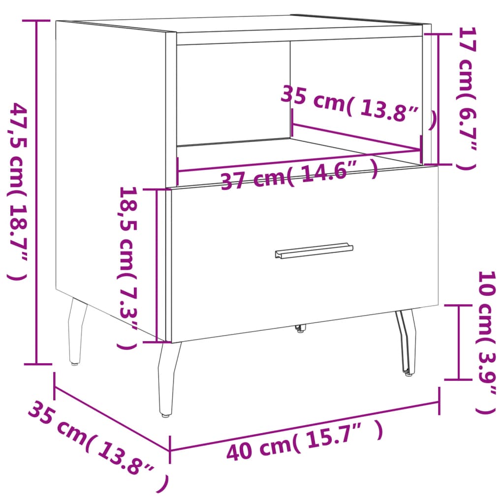 Table de chevet 40x35x47,5 cm bois fini, couleur chêne