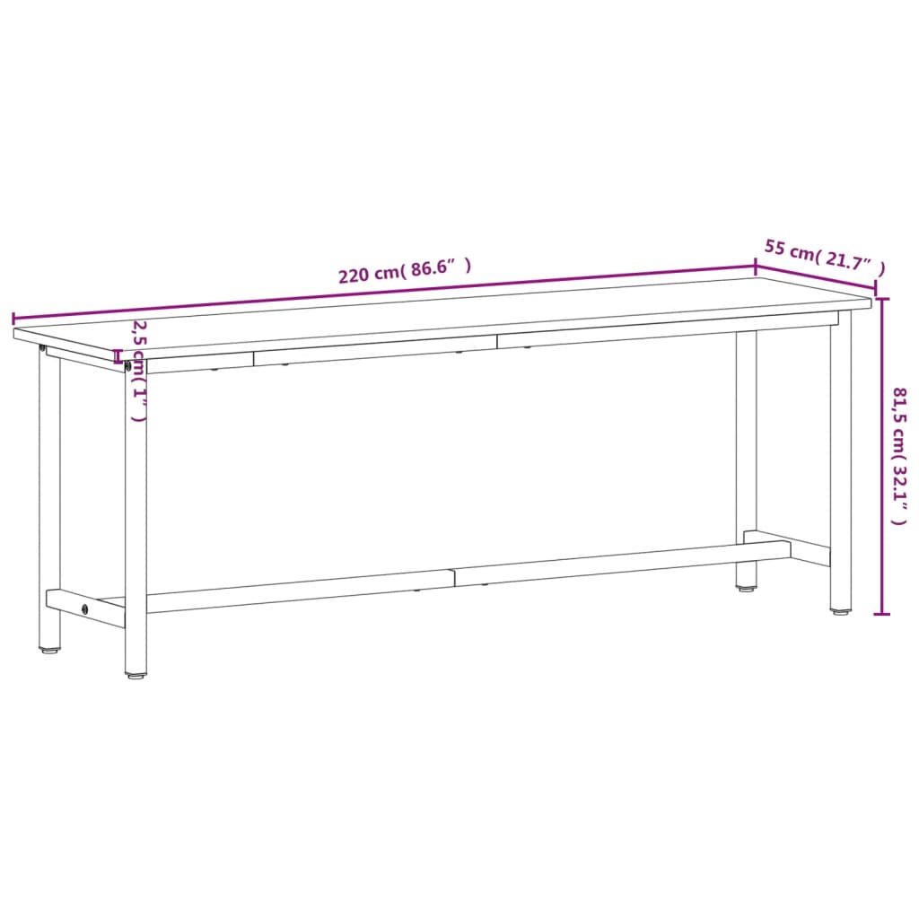 Werkbank 220x55x81,5 cm massief beukenhout en metaal