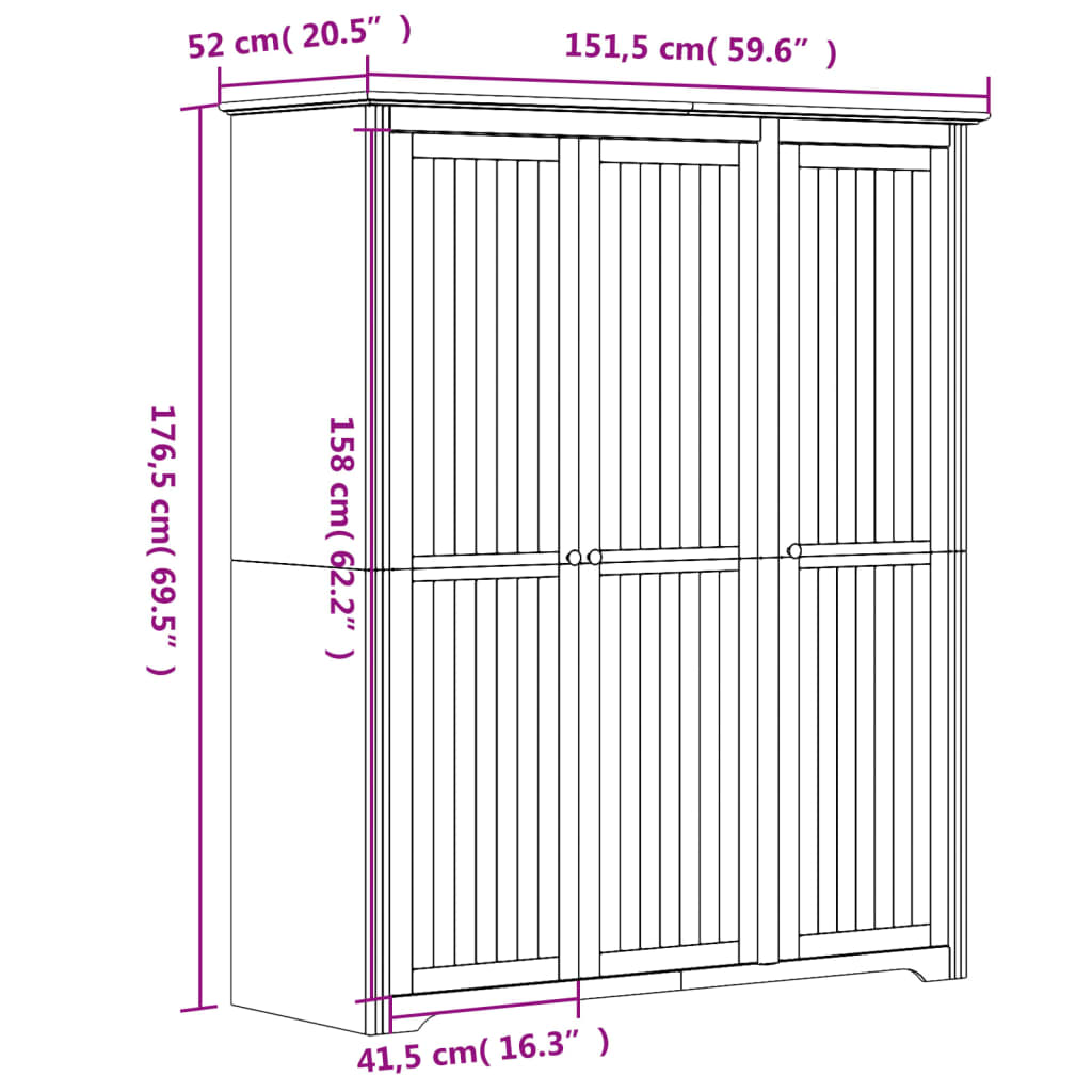 Kledingkast BODO 99x53,5x173 cm massief grenenhout wit bruin