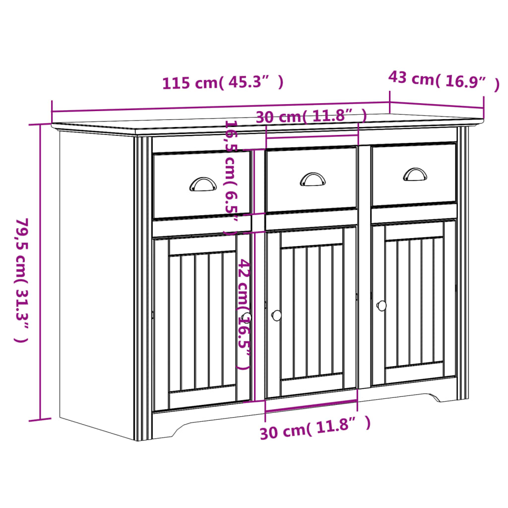 Dressoir BODO 115,5x44x80 cm massief grenenhout wit en bruin