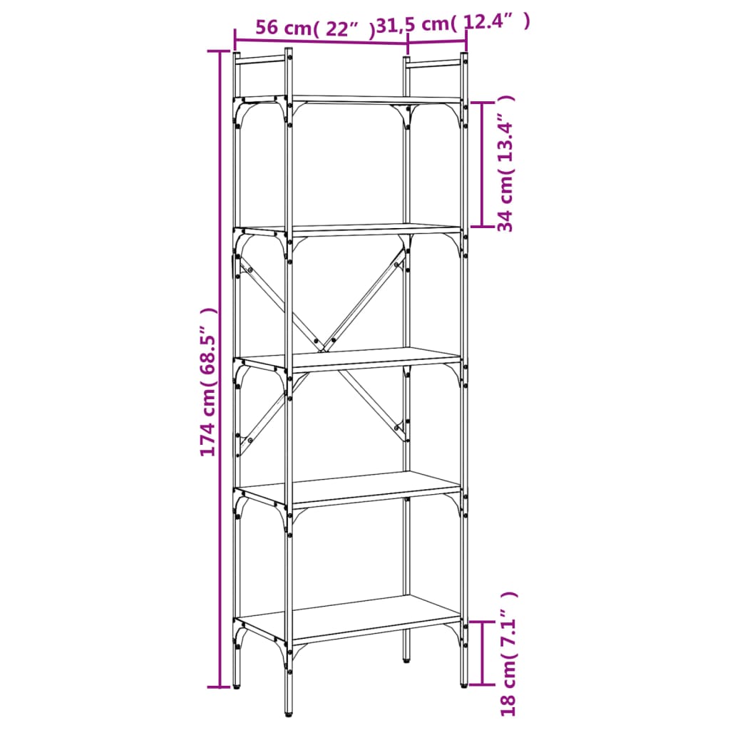 Boekenkast 5-laags 56x31,5x174 cm bewerkt hout