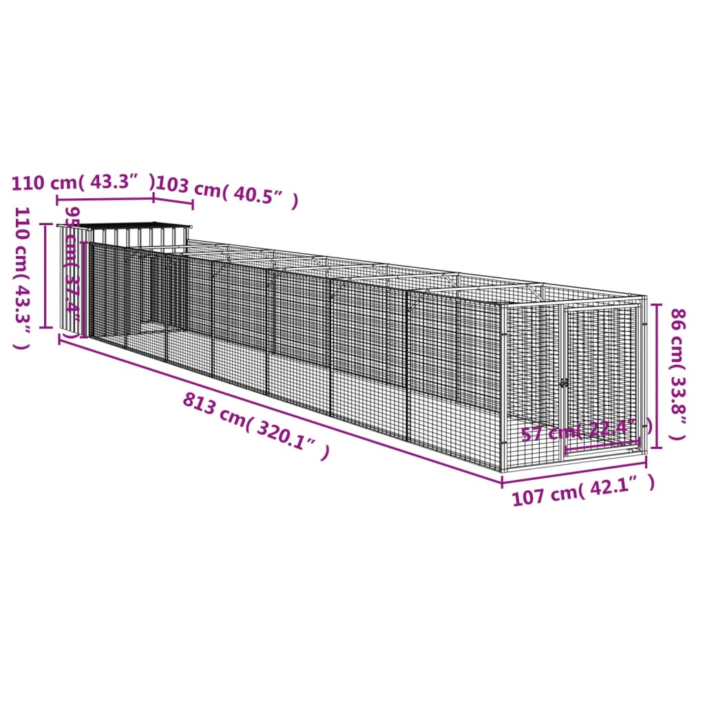 Hondenhok met ren 110x405x110 cm gegalvaniseerd staal