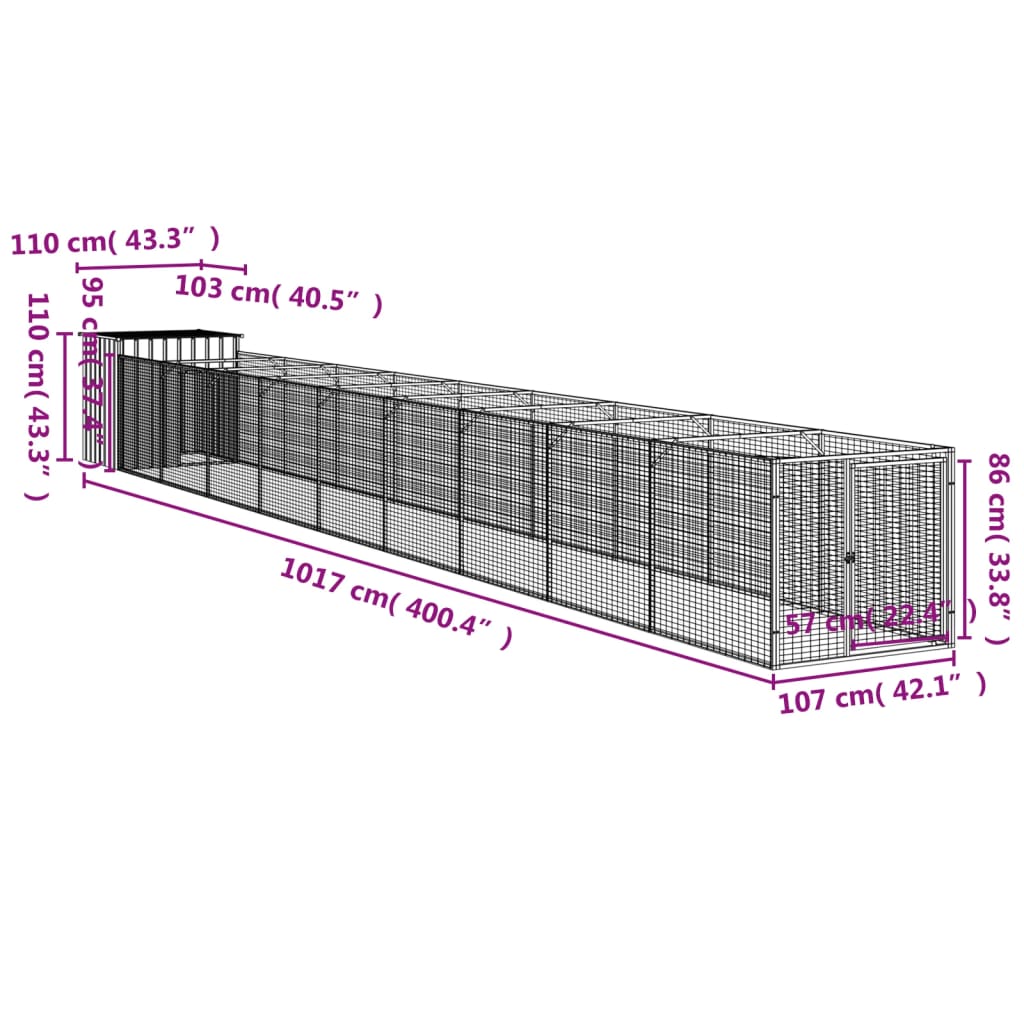 Hondenhok met ren 110x405x110 cm gegalvaniseerd staal