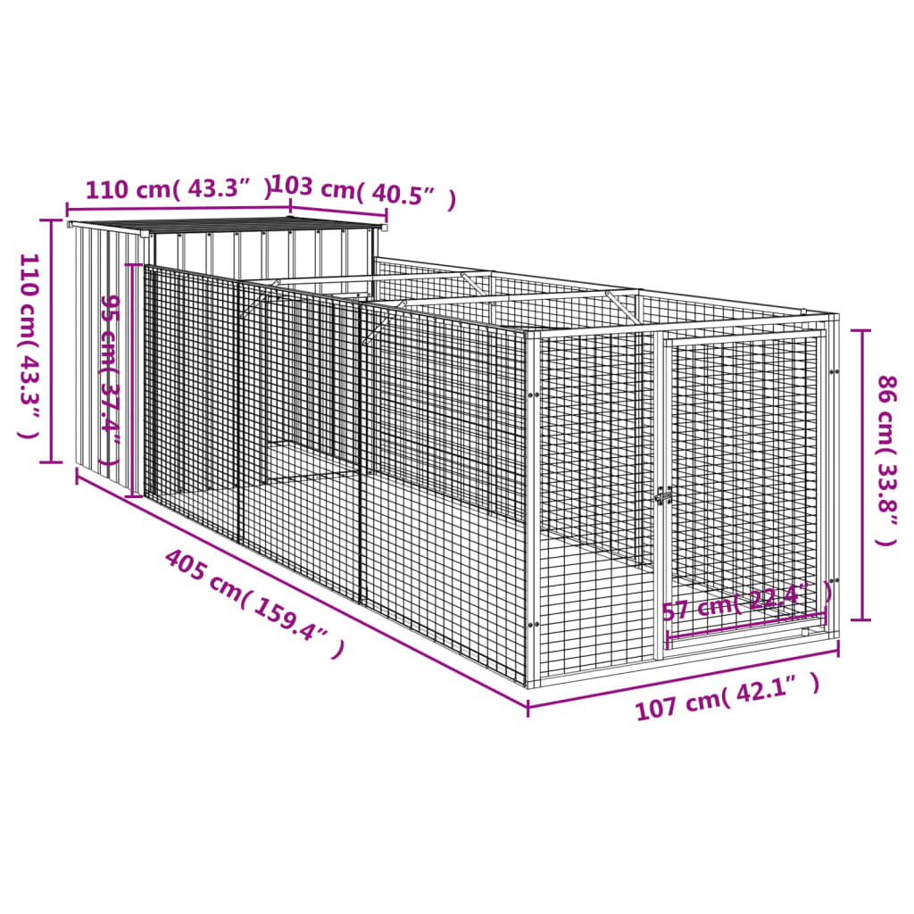 Hondenhok met ren 110x405x110 cm gegalvaniseerd staal