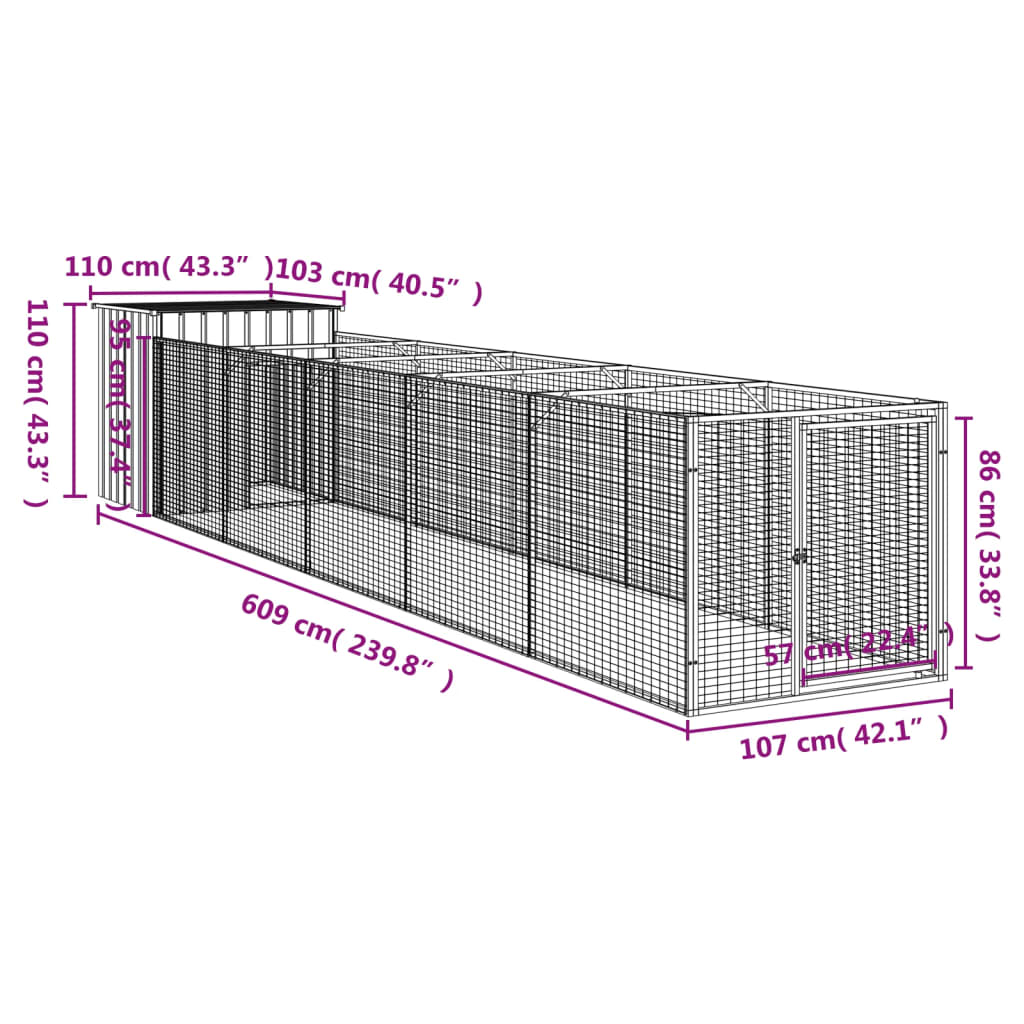 Hondenhok met ren 110x405x110 cm gegalvaniseerd staal