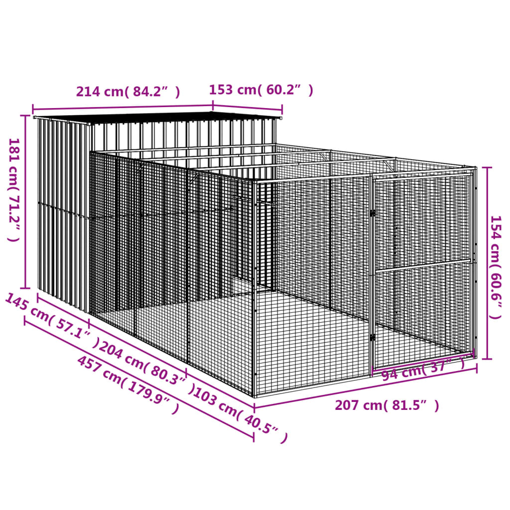 Hondenhok met ren 214x865x181 cm gegalvaniseerd staal