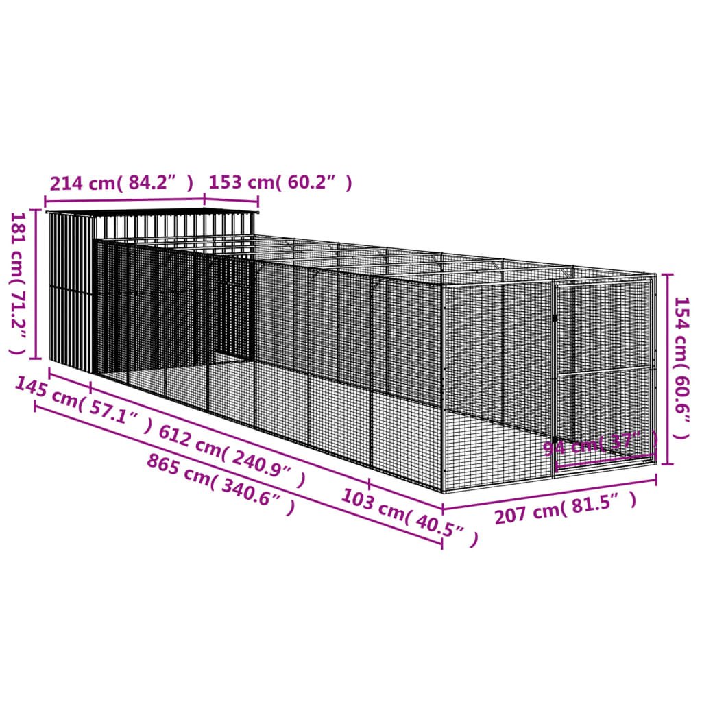 Hondenhok met ren 214x865x181 cm gegalvaniseerd staal