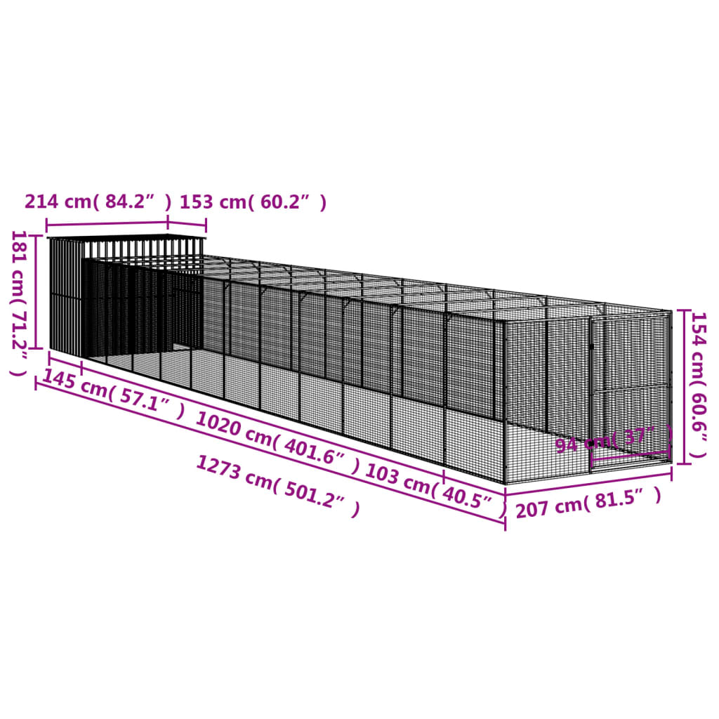 Hondenhok met ren 214x865x181 cm gegalvaniseerd staal