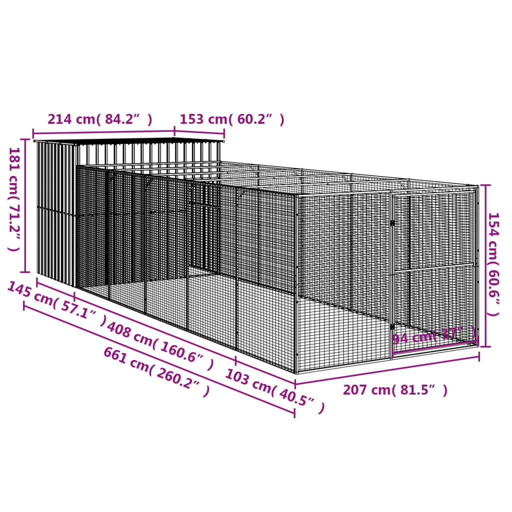 Hondenhok met ren 214x865x181 cm gegalvaniseerd staal