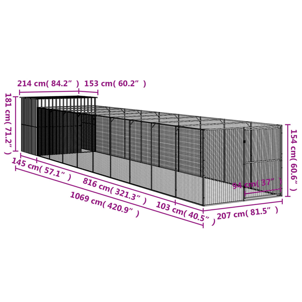 Hondenhok met ren 214x865x181 cm gegalvaniseerd staal