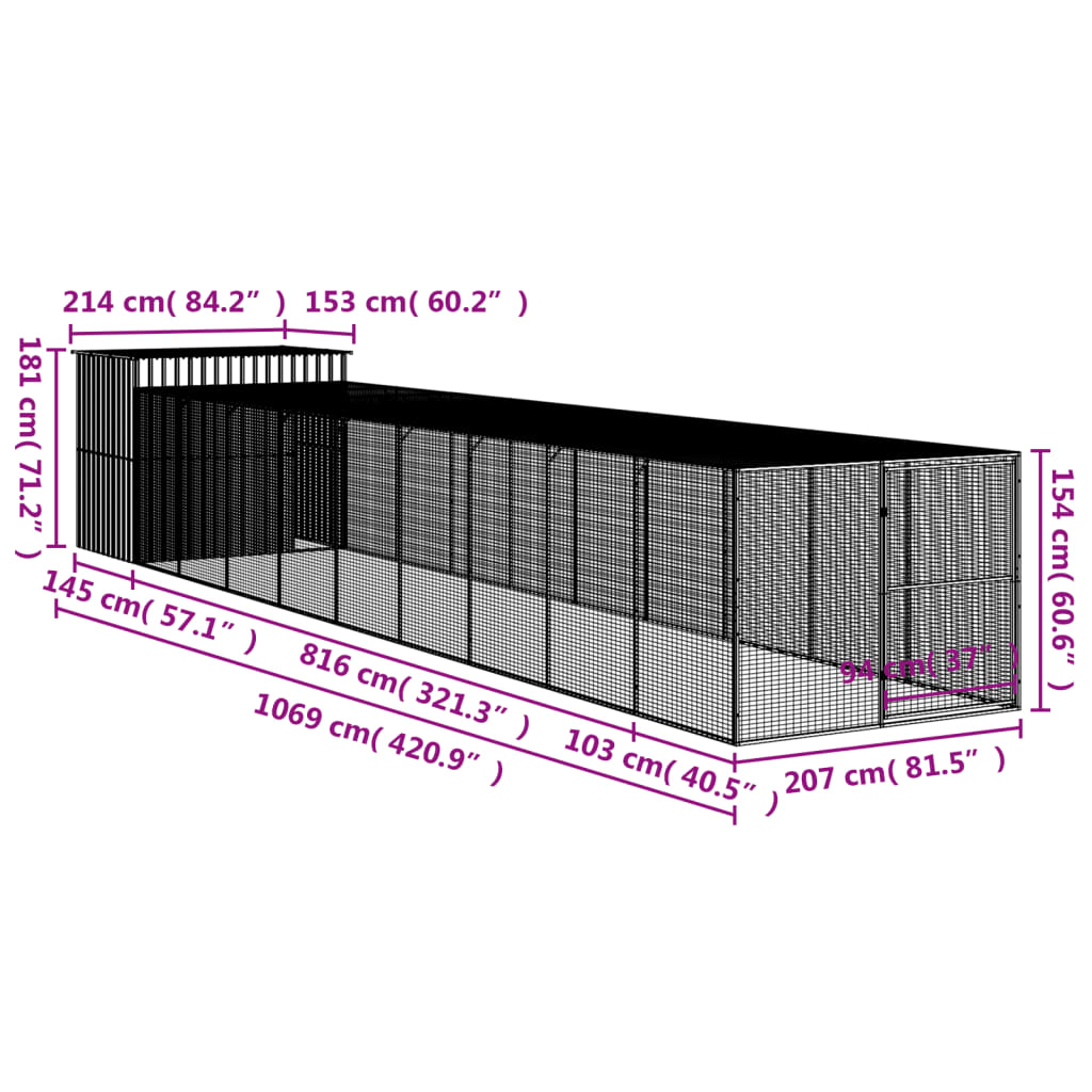 Hondenhok met ren 214x865x181 cm gegalvaniseerd staal