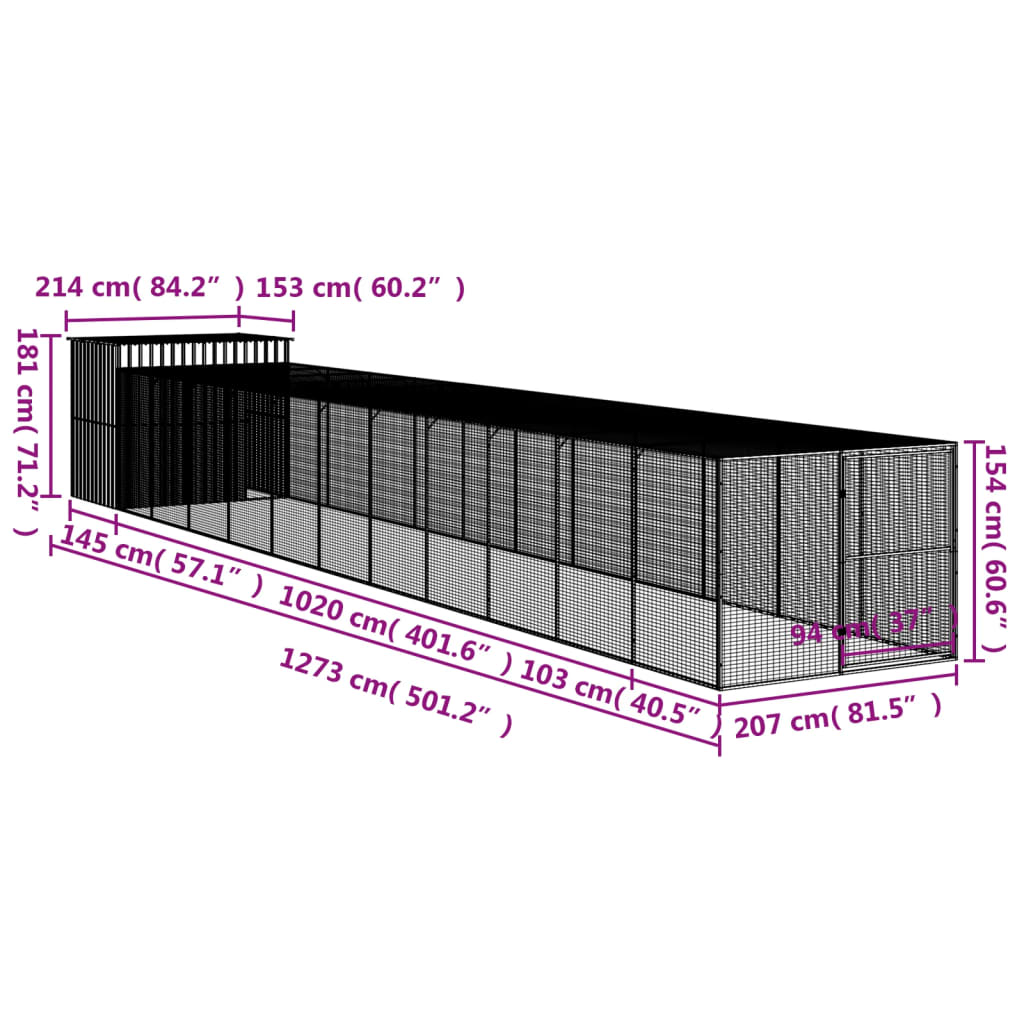 Hondenhok met ren 214x865x181 cm gegalvaniseerd staal