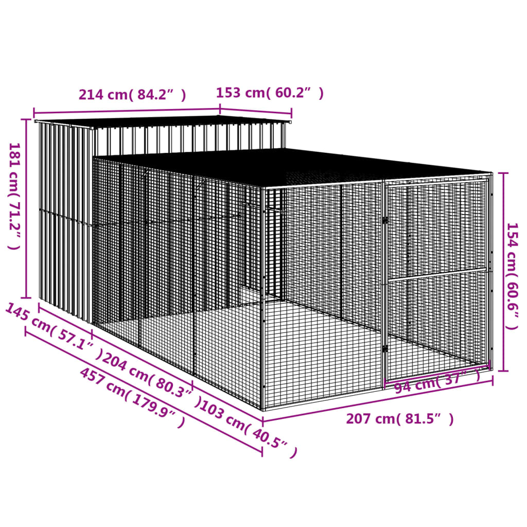 Hondenhok met ren 214x865x181 cm gegalvaniseerd staal