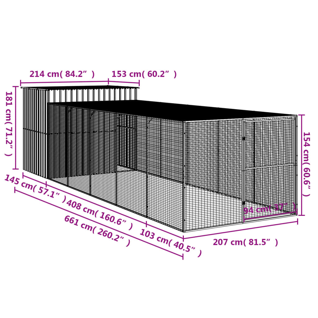 Hondenhok met ren 214x865x181 cm gegalvaniseerd staal