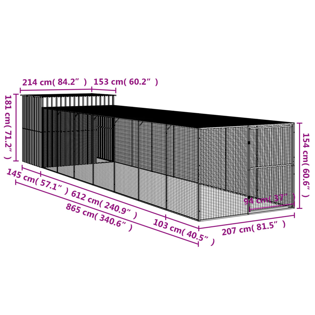 Hondenhok met ren 214x865x181 cm gegalvaniseerd staal