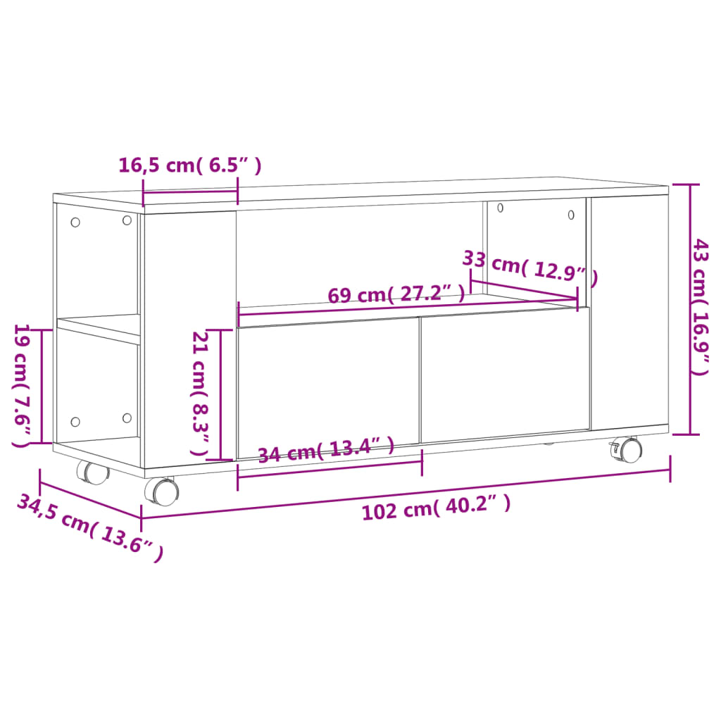 Tv-meubel met wielen 102x34,5x43 cm bewerkt hout oud hout