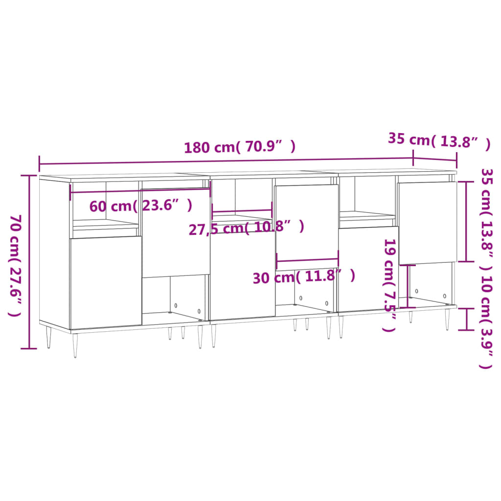 Dressoirs 3 st bewerkt hout