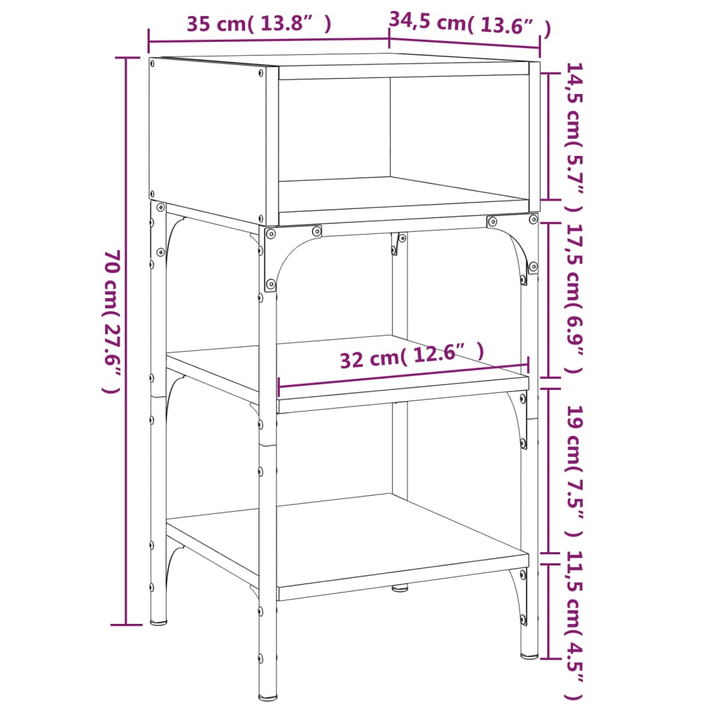 Table de chevet 35x34,5x70 cm bois fini, couleur chêne