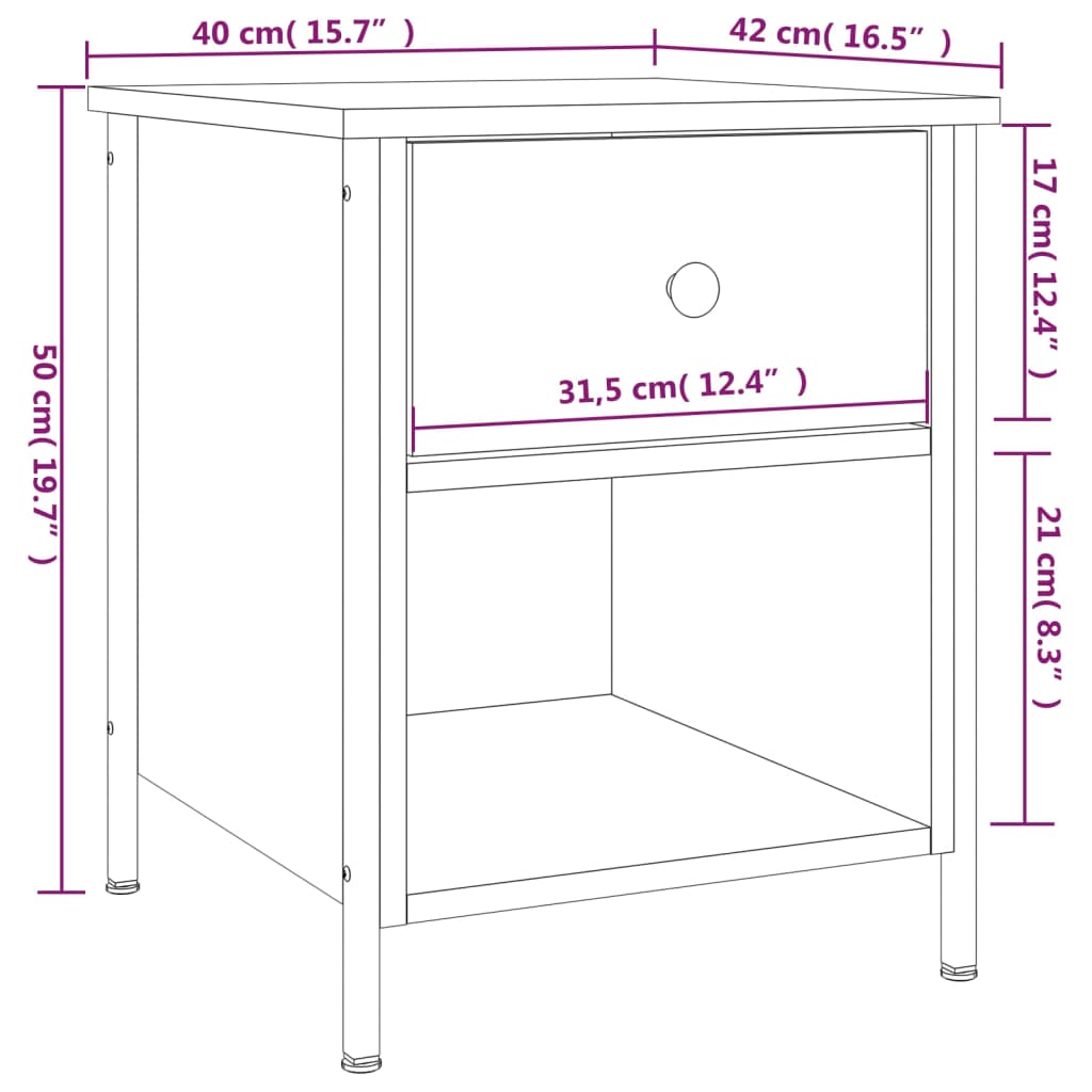 Table de chevet 40x42x50 cm en dérivé du bois, couleur chêne