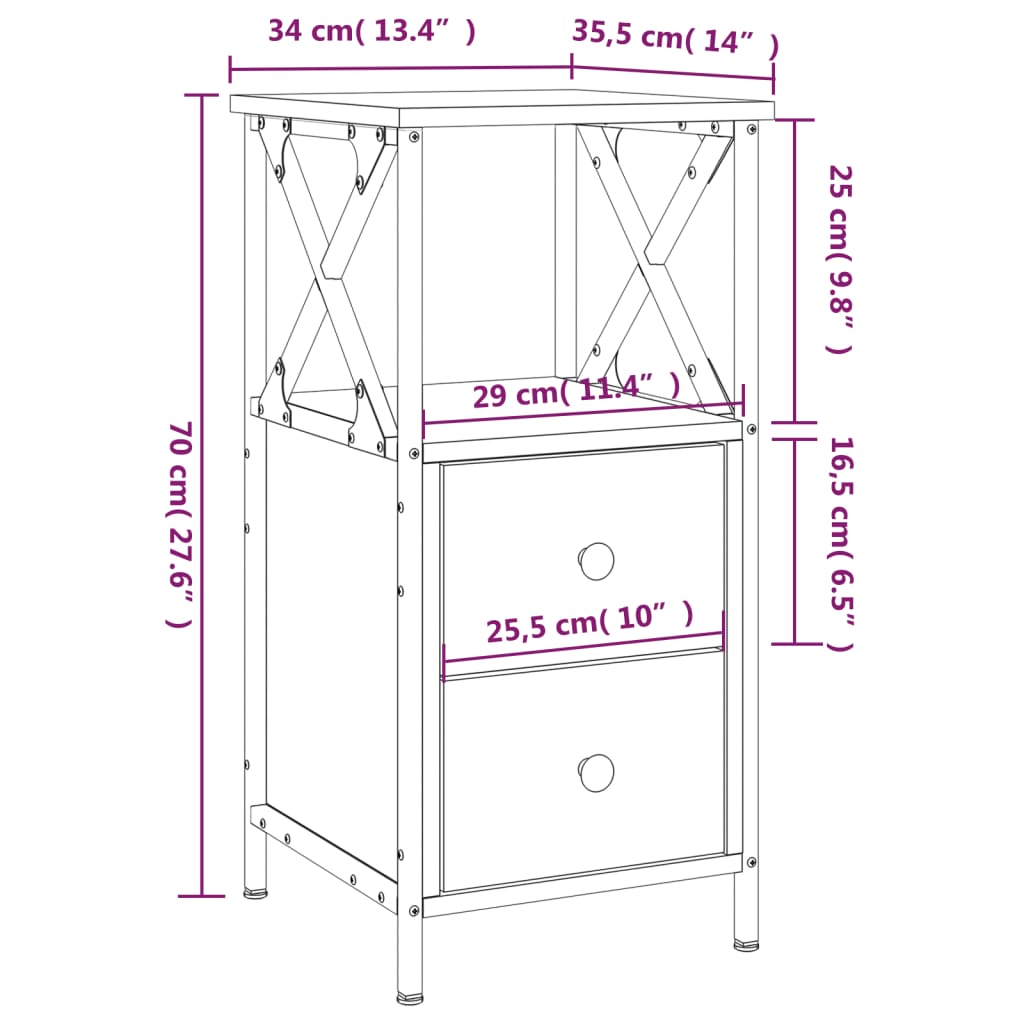 Nachtkastjes 2 st 34x35,5x70 cm bewerkt hout