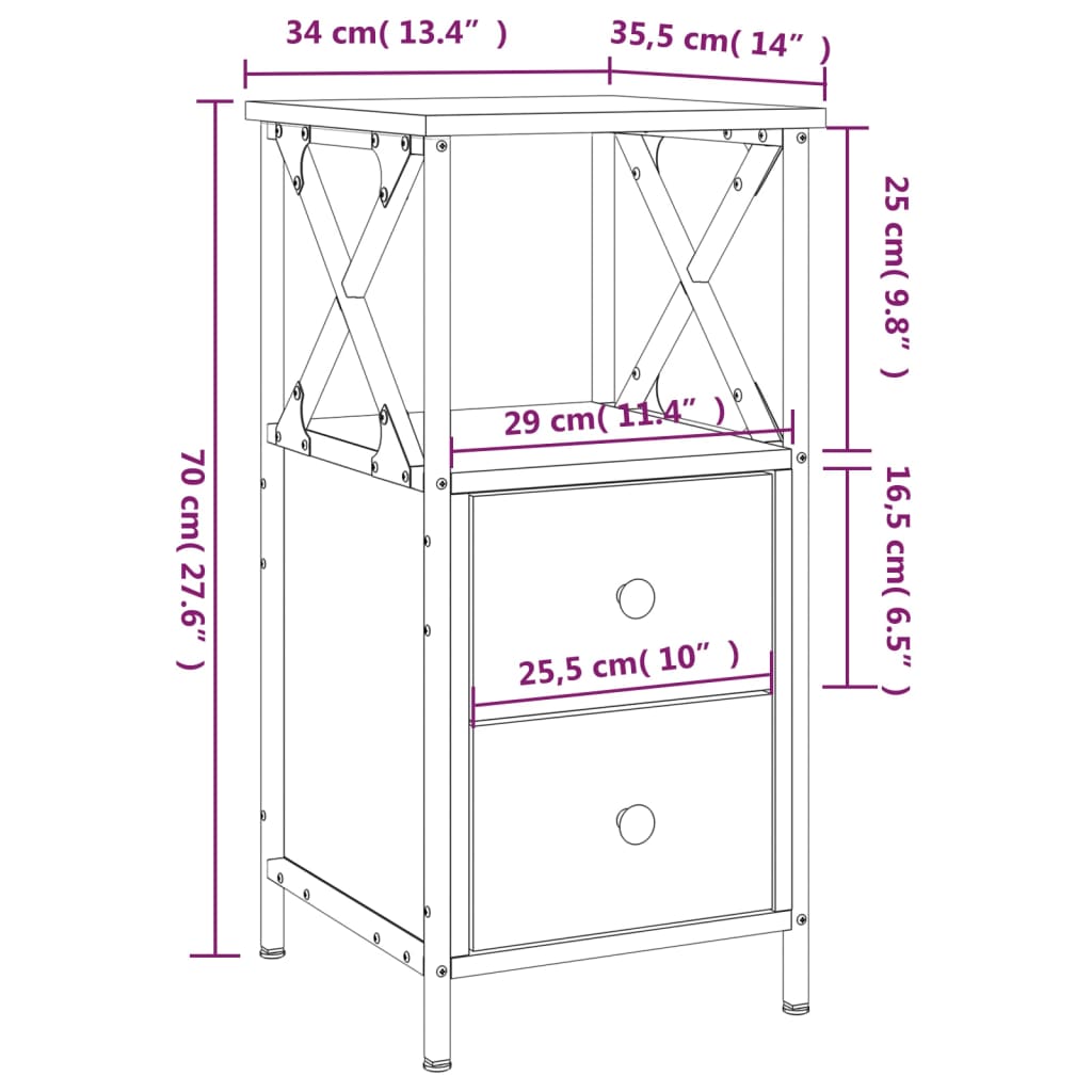 Nachtkastjes 2 st 34x35,5x70 cm bewerkt hout