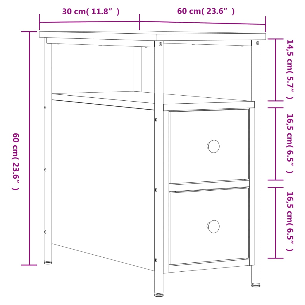 Table de chevet 30x60x60 cm bois fini, couleur chêne