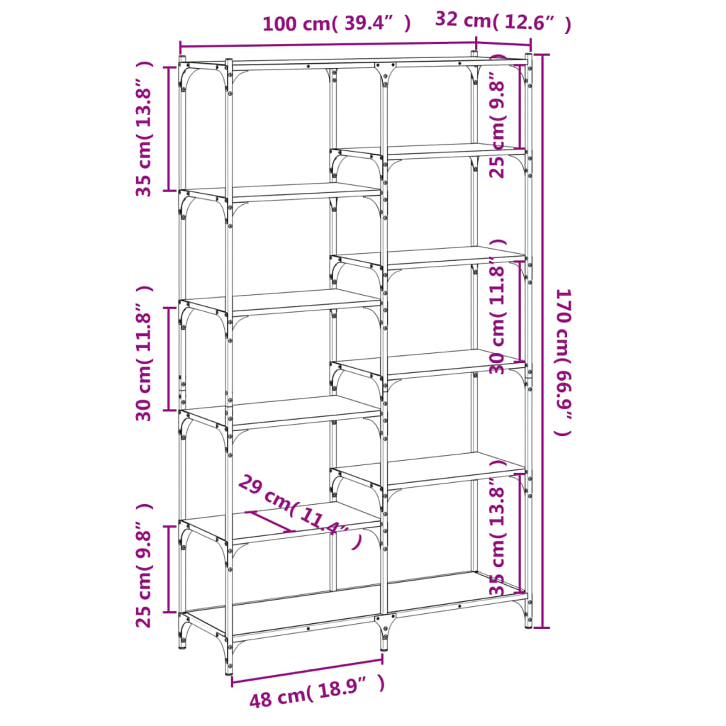 Boekenrek 100x32x170 cm bewerkt hout en ijzer eikenkleur