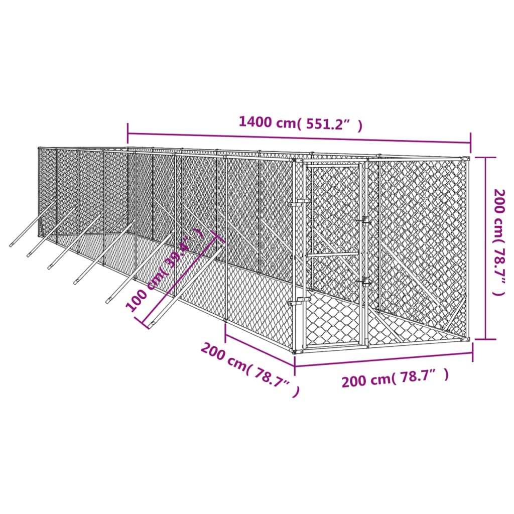 Hondenkennel voor buiten 4x16x2 m gegalvaniseerd staal zilver