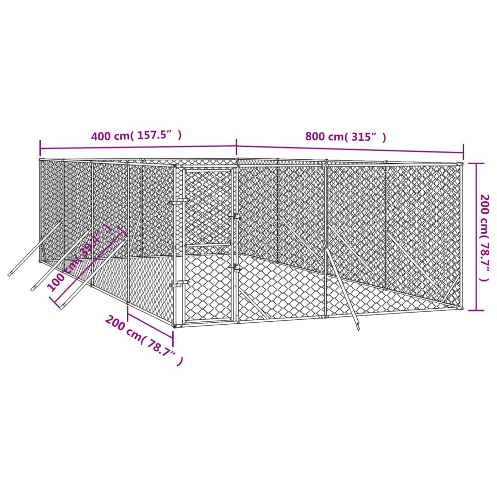 Hondenkennel voor buiten 4x16x2 m gegalvaniseerd staal zilver